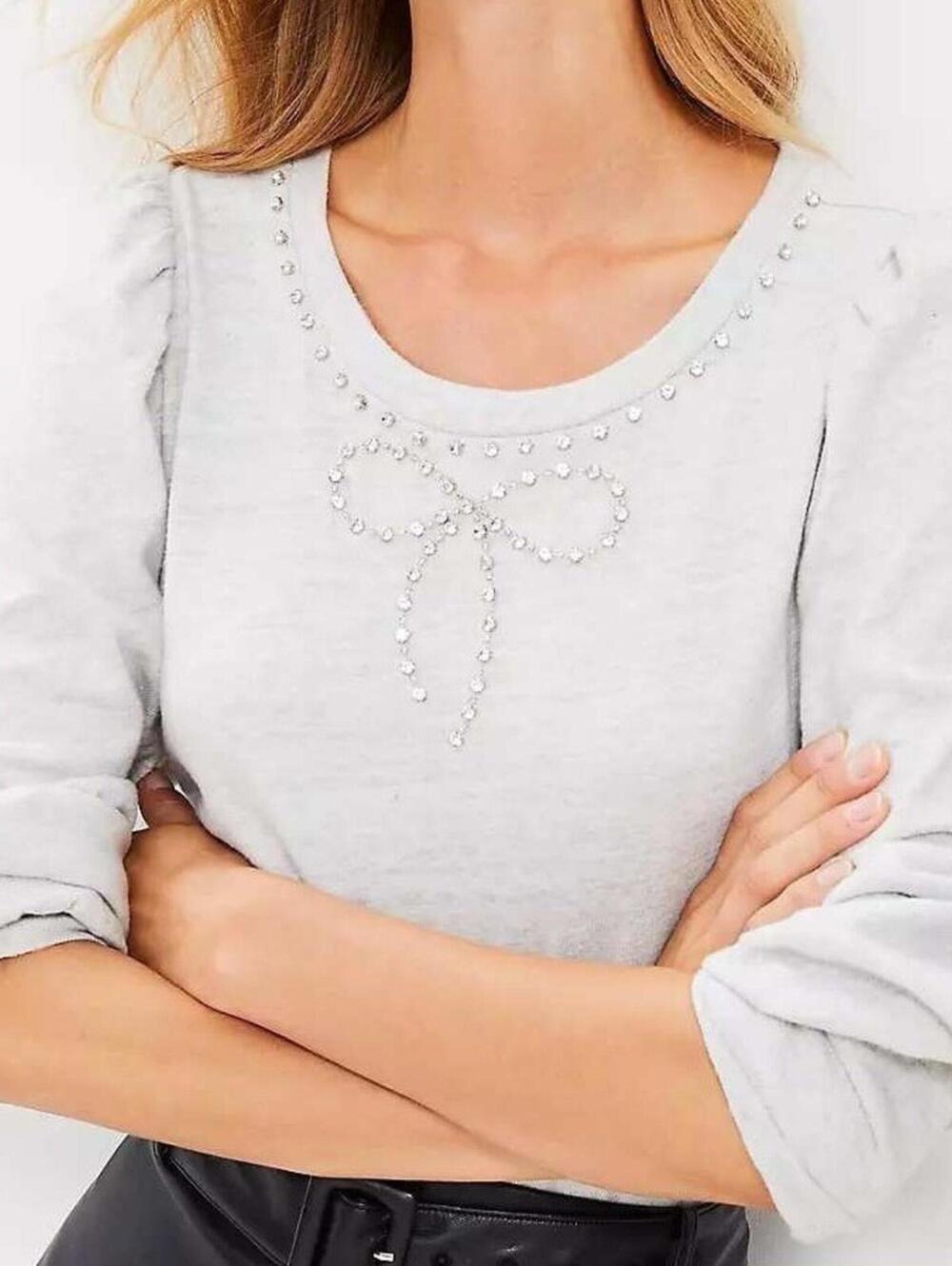 Ann Taylor Loft Large $65 Heather Gray Rhinestone Bow Puff Sleeve Cotton Top